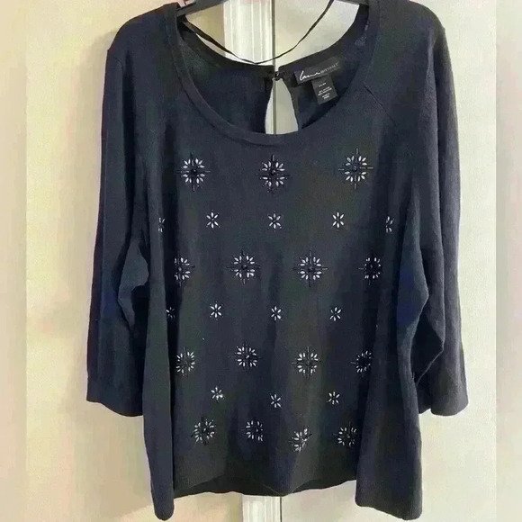 LANE Bryant black beaded 3/4 sleeves crewneck pullover sweater. Sz 22/24 - Picture 1 of 5